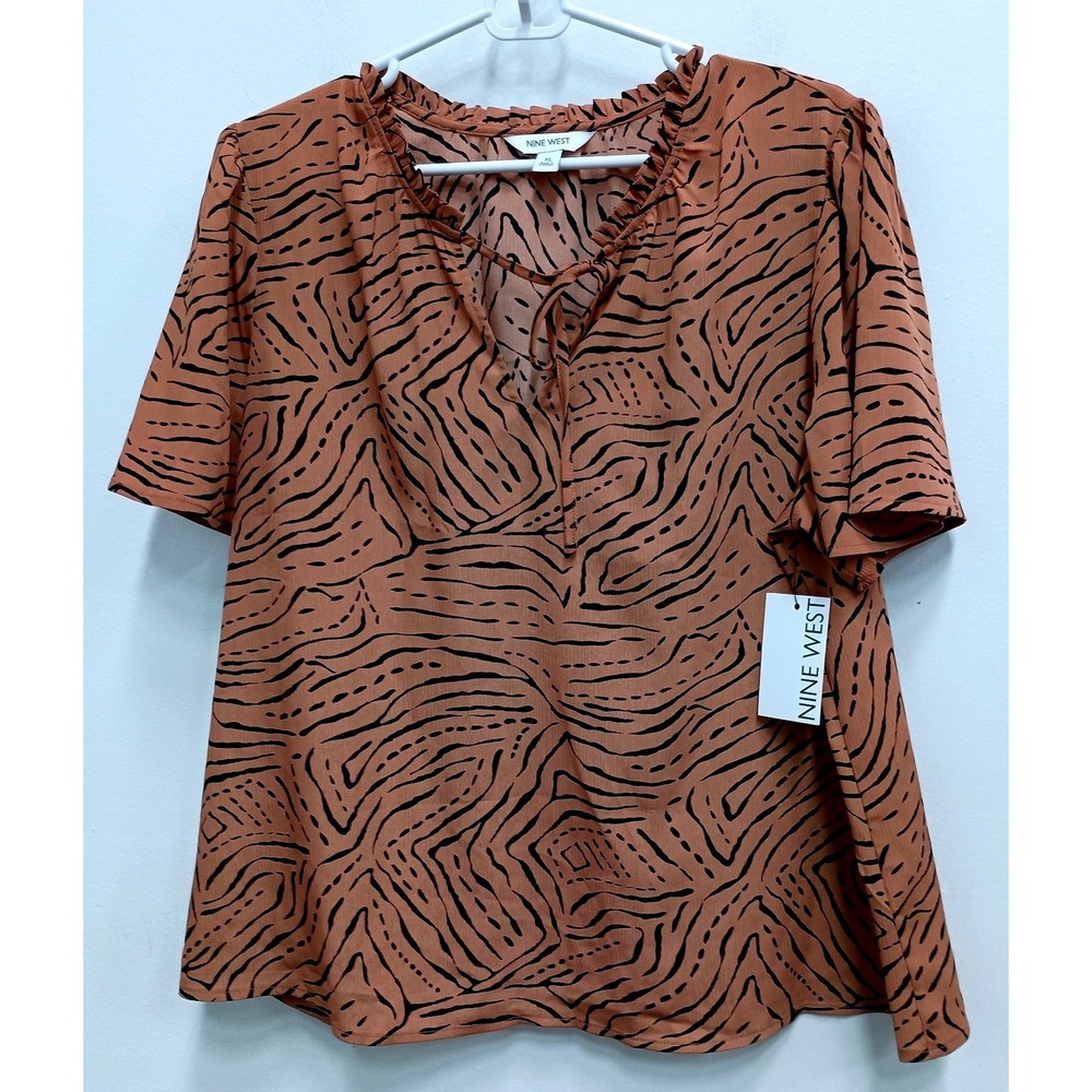 Nine West Rust Brown & Black Patterned Tie-Neck Blouse